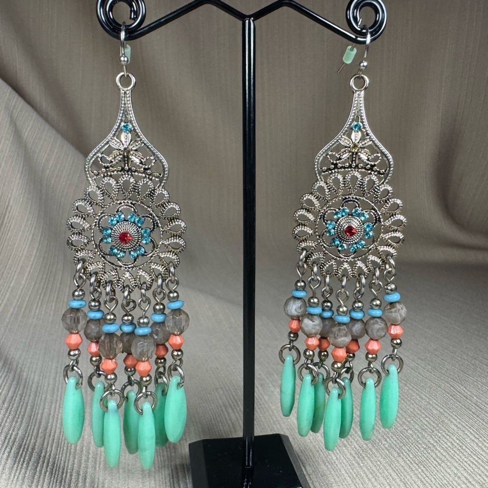 Vintage Bohemian Style Chandelier Dangle Earrings with Turquoise and Coral Beads